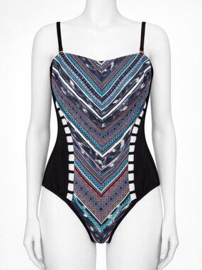 Kenneth Cole Black Cutout One-Piece Swimsuit Teal White Chevron Tribal Print L